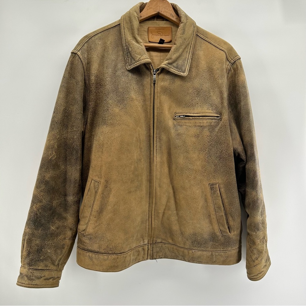 James Dean Leather Suede Bomber Coat Mens XL Camel/Black Distressed 90s Grunge